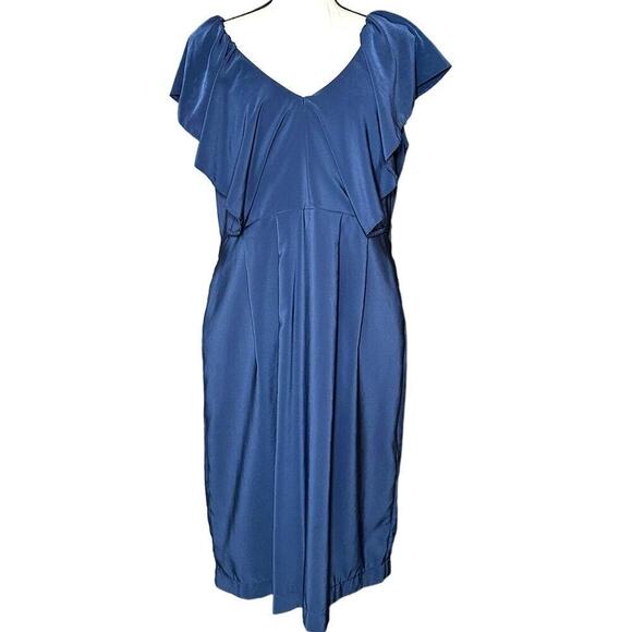 H&M Dresses & Skirts - H&M Blue Midi Ruffle Dress Pockets, Size 12 Career Wear to work